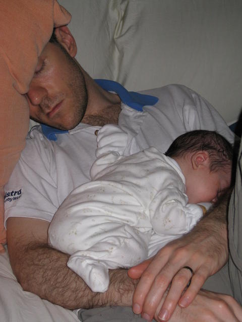 6 weeks - dad fell asleep cuddling bub